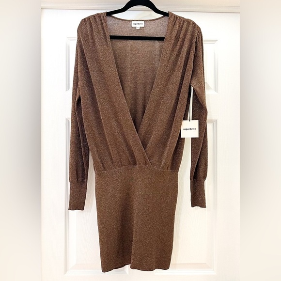 NWT Superdown Aura Shimmer Long Sleeve Mini Dress Brown Bronze mocha sz Medium - Picture 5 of 9